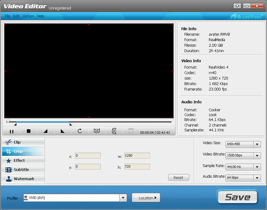 video cutting or crop box in BlazeVideo Video Editor